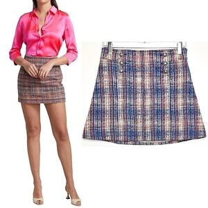 NWT DEREK LAM 90s Tweed Colorful Plaid Button Detail‎ Preppy A-Line Mini Skirt 4